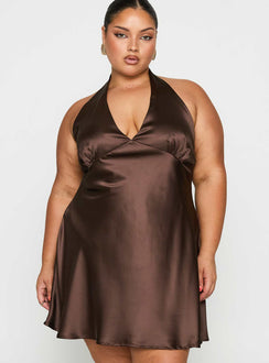 front view of model wearing Princess Polly Pelagia Halter Scarf Tie Mini Dress Brown Curve Plunger 