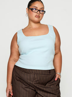 front view of model wearing Princess Polly Baseline Square Neck Rib Tank Top Light Blue Curve Sleeveless Square Neck 