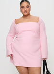 front view of model wearing Princess Polly Bombshell Long Sleeve Mini Dress Pink Curve Square Neck 