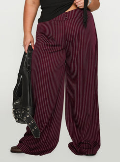 back view of model wearing Princess Polly Lorenne Mid Rise Pant Burgundy Pinstripe Curve 