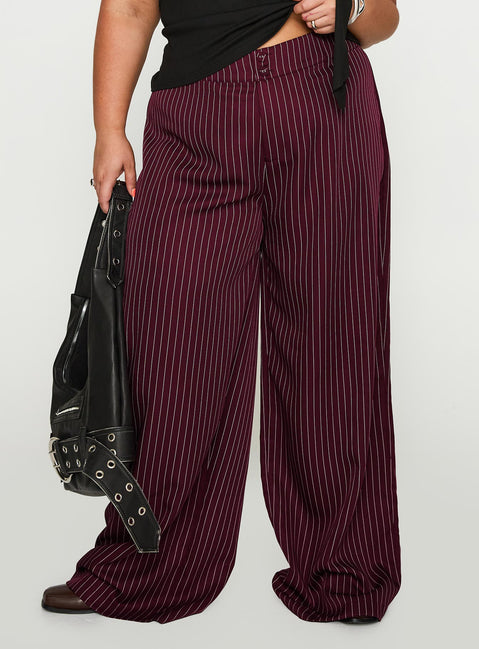 back view of model wearing Princess Polly Lorenne Mid Rise Pant Burgundy Pinstripe Curve 