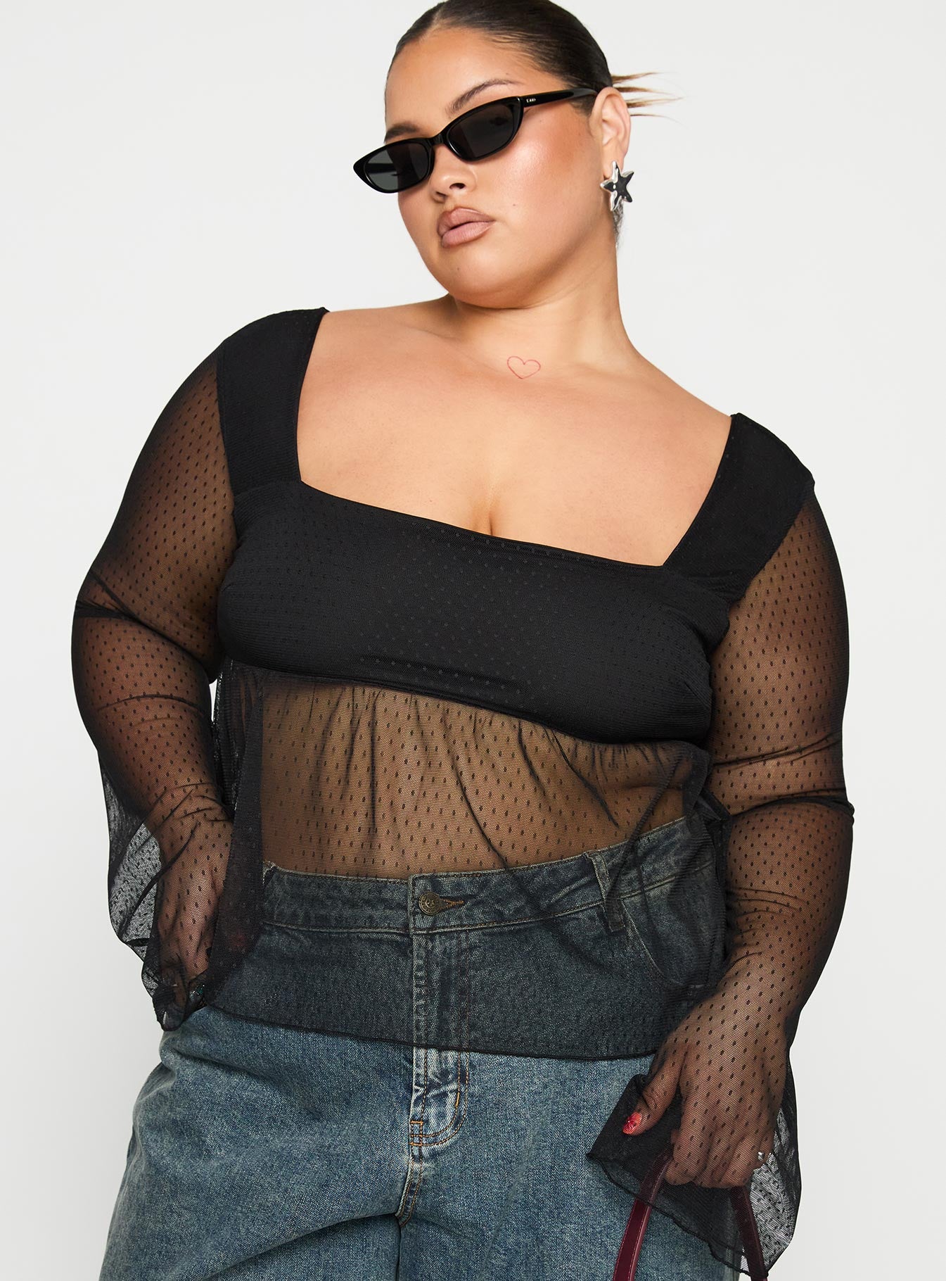 front view of model wearing Princess Polly Fiorello Long Sleeve Top Black Curve Full Sleeves Square Neck 