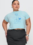 front view of model wearing Princess Polly Cheers To You Tee Blue Curve Short Sleeves Crew Neck 