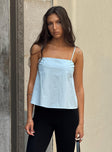 front view of model wearing Princess Polly Trapeze Strapless Top Blue Sleeveless Square Neck 