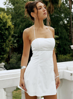 side view of model wearing Princess Polly Just Promise Diamante Detail Mini Dress White Square Neck 