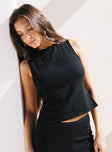 side view of model wearing Princess Polly Penelopie Backless Top Black Sleeveless High Neck 