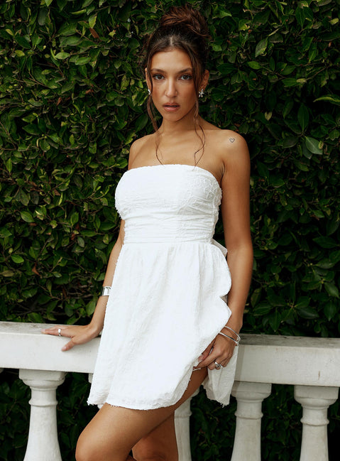 side view of model wearing Princess Polly Seasons Of Love Strapless Mini Dress White Straight Neck 