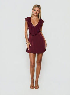Madibelle V Neck Frill Mini Dress Wine