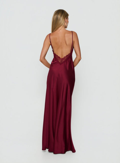 Flip A Switch Satin Lace Slip Maxi Dress Burgundy
