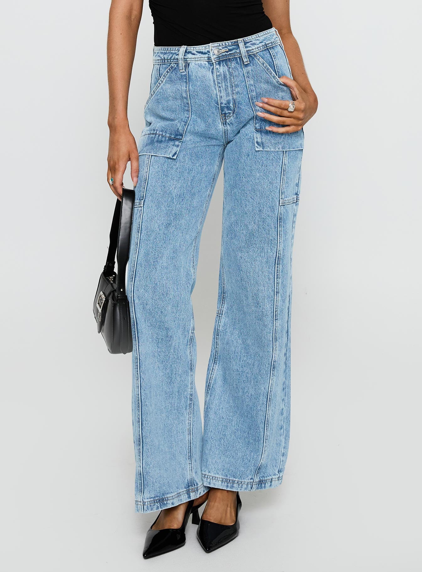 Chad Cargo High Rise Wide Leg Jeans Mid Wash
