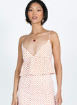 Crop top Polka dot print Adjustable shoulder straps Plunging neckline Slight ruching at bust Tie fastening at back