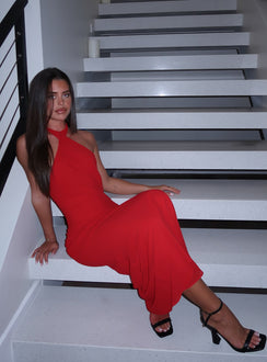 front view of model wearing Princess Polly Abriela Maxi Dress Red High Neck 