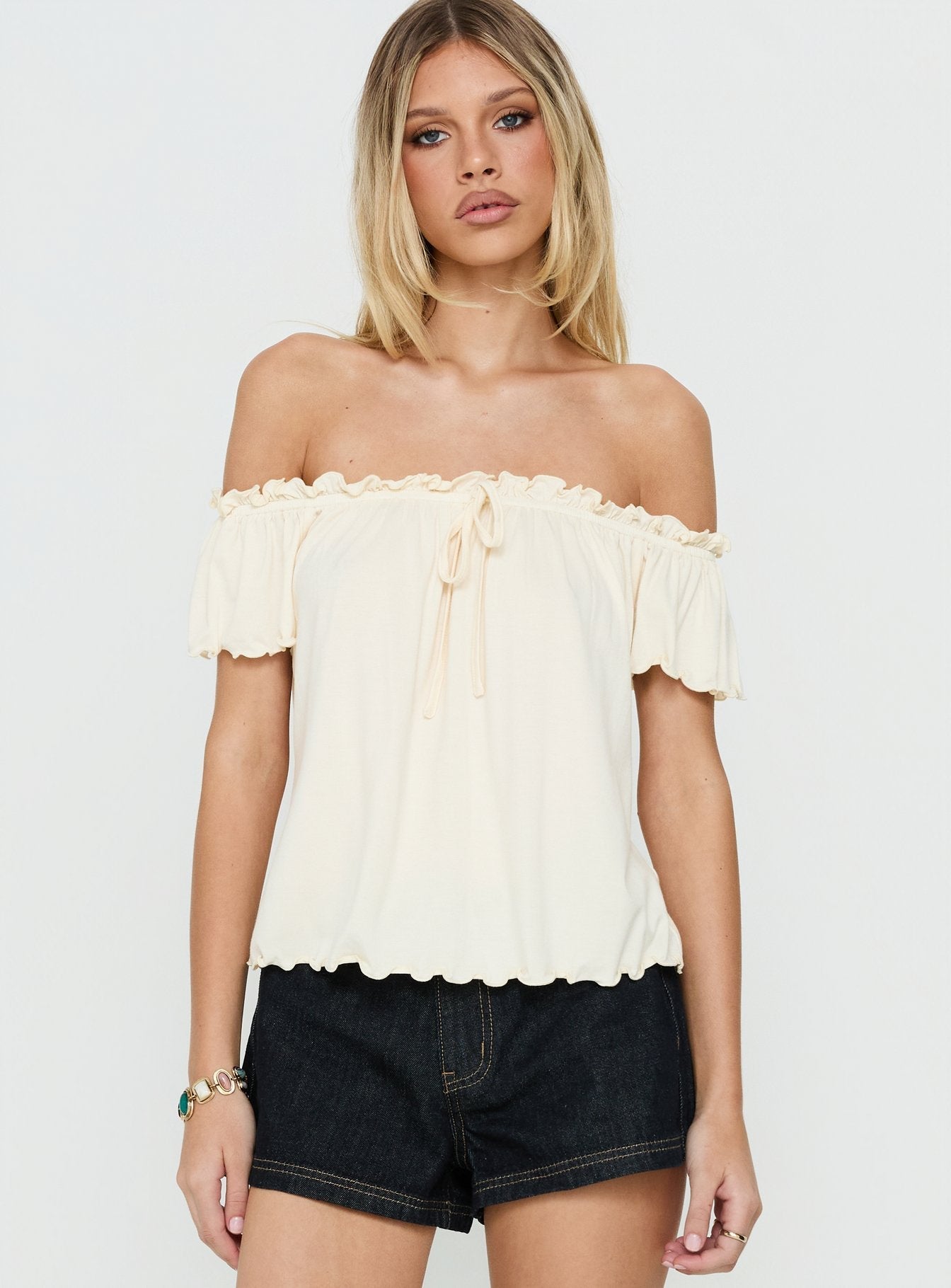Stars Hollow Babydoll Off Shoulder Top Cream