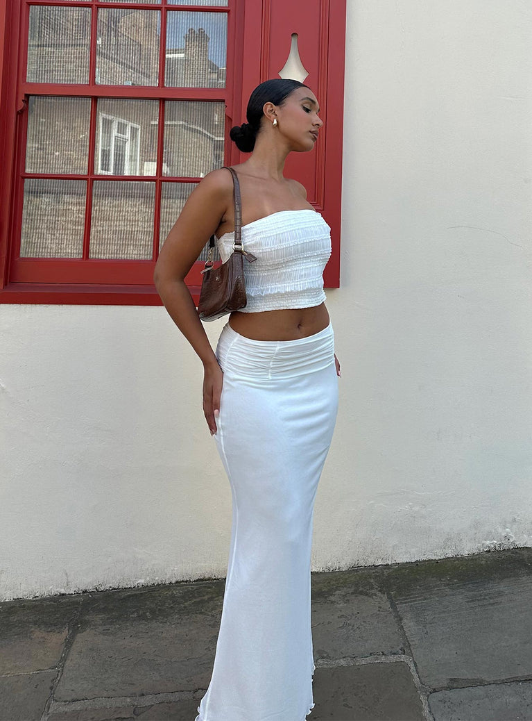   side view of model wearing Princess Polly Meredith Maxi Skirt White Maxi 