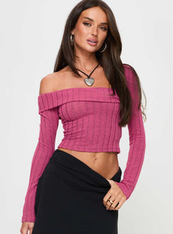front view of model wearing Princess Polly Looking For Love Long Sleeve Top Pink Full Sleeves Asymmetric Neckline 
