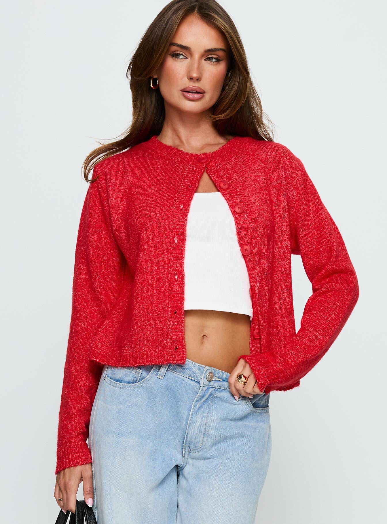 front view of model wearing Princess Polly Denmark Cardigan Red cropped 