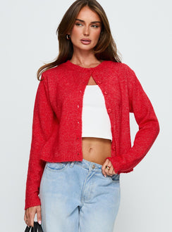 front view of model wearing Princess Polly Denmark Cardigan Red cropped 