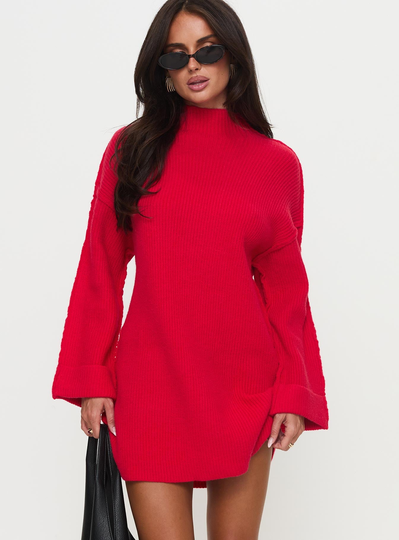 front view of model wearing Princess Polly Weslie Long Sleeve Knit Mini Dress Red High Neck 