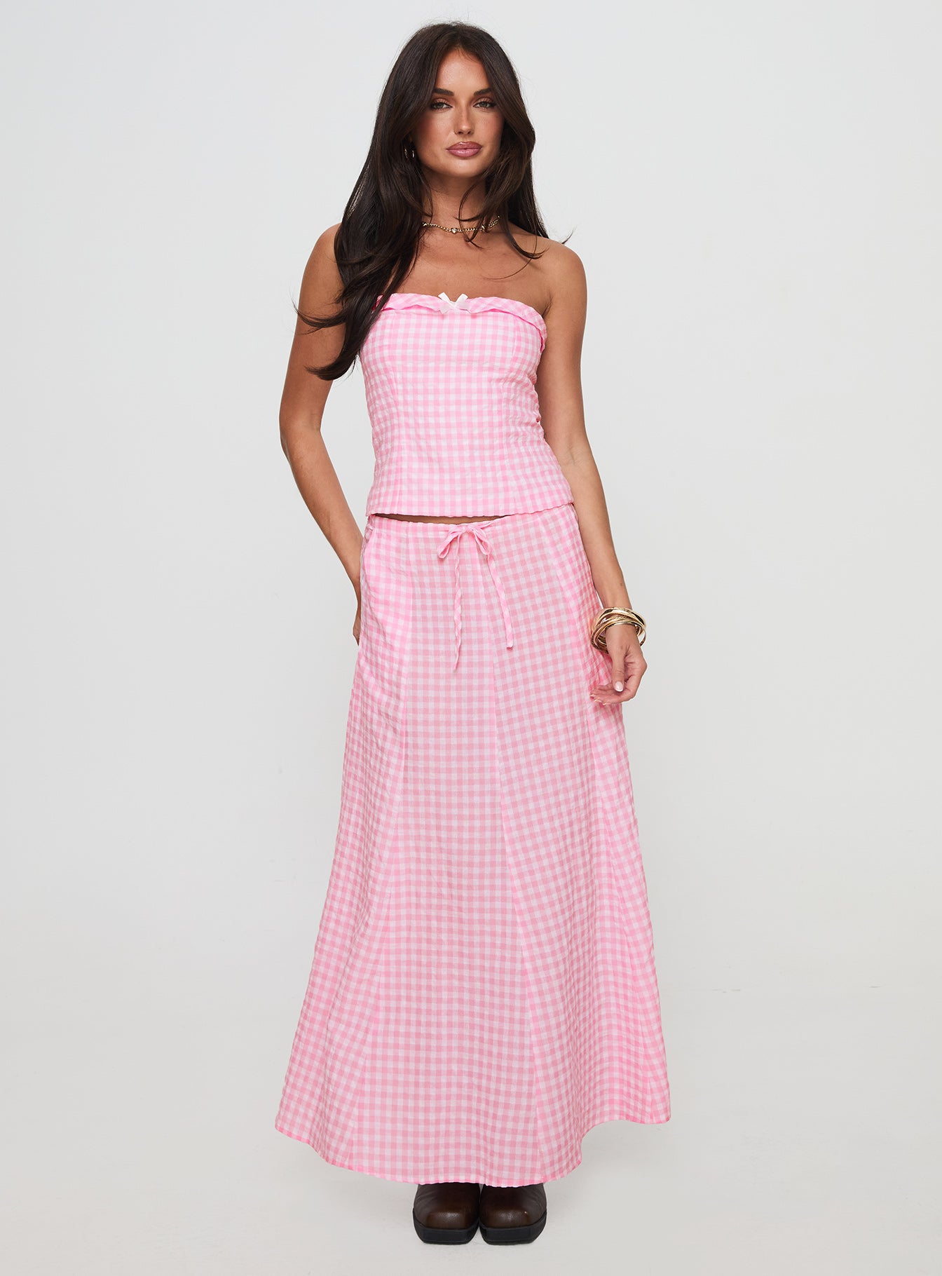   front view of model wearing Princess Polly Carmino Maxi Skirt Pink Check Maxi 