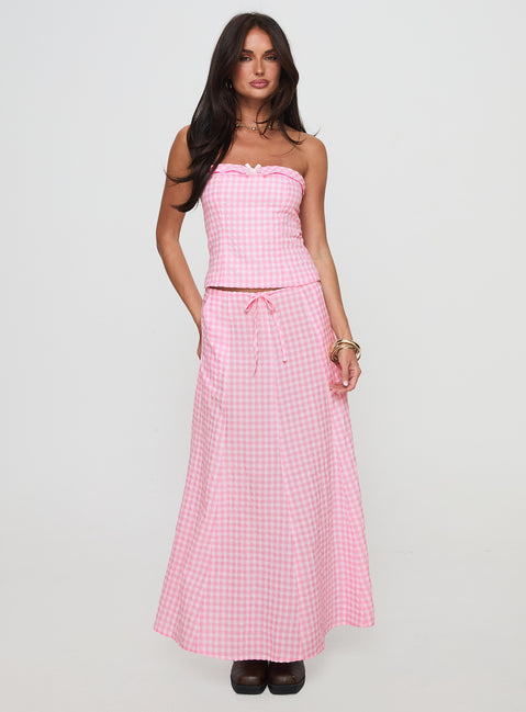   front view of model wearing Princess Polly Carmino Maxi Skirt Pink Check Maxi 