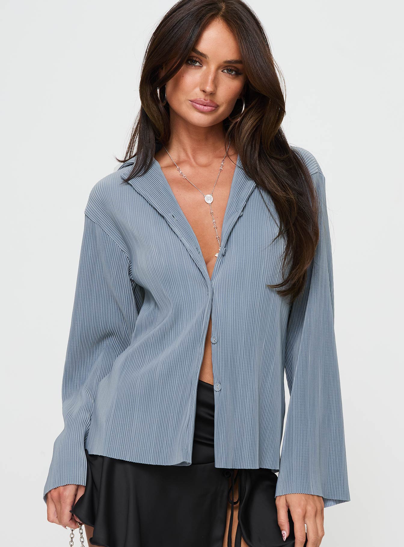 front view of model wearing Princess Polly Louie Pleated Shirt Blue Full Sleeves V-Neck 