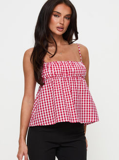 front view of model wearing Princess Polly Mirabellah Frill Top Red Gingham Sleeveless Square Neck 