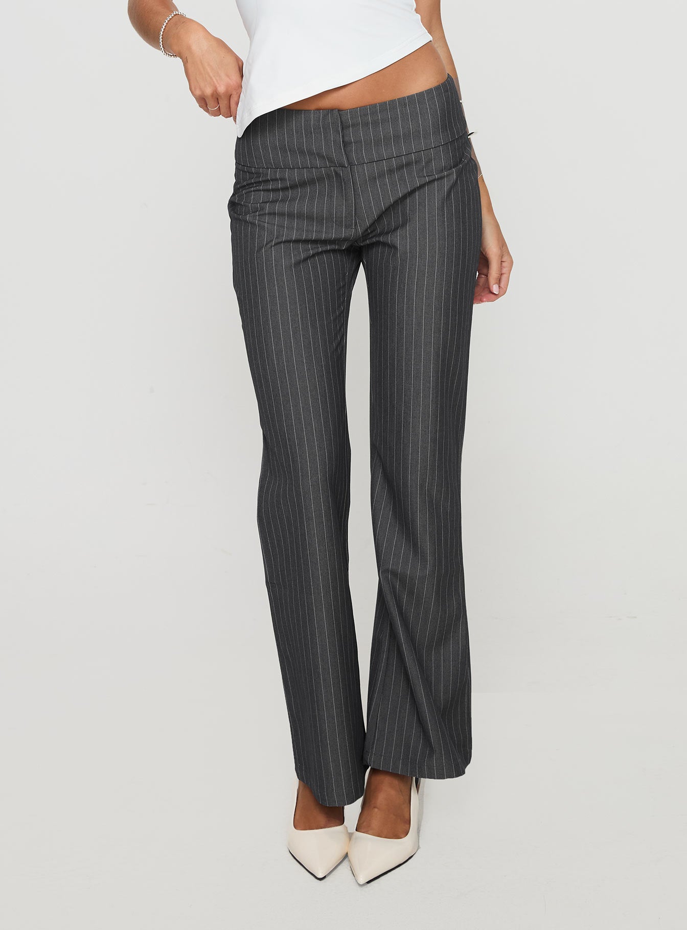 back view of model wearing Princess Polly Isabeau Pant Grey Pinstripe Low Rise Pants 