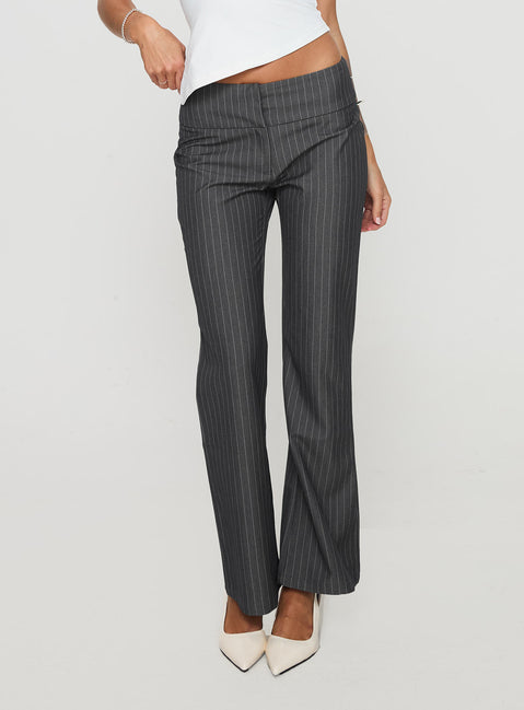 back view of model wearing Princess Polly Isabeau Pant Grey Pinstripe Low Rise Pants 