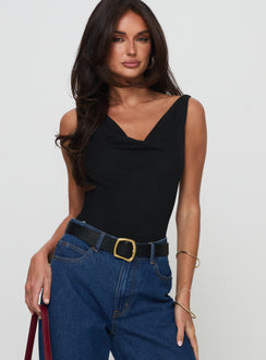 front view of model wearing Princess Polly Axton Cowl Neck Bodysuit Black Sleeveless 