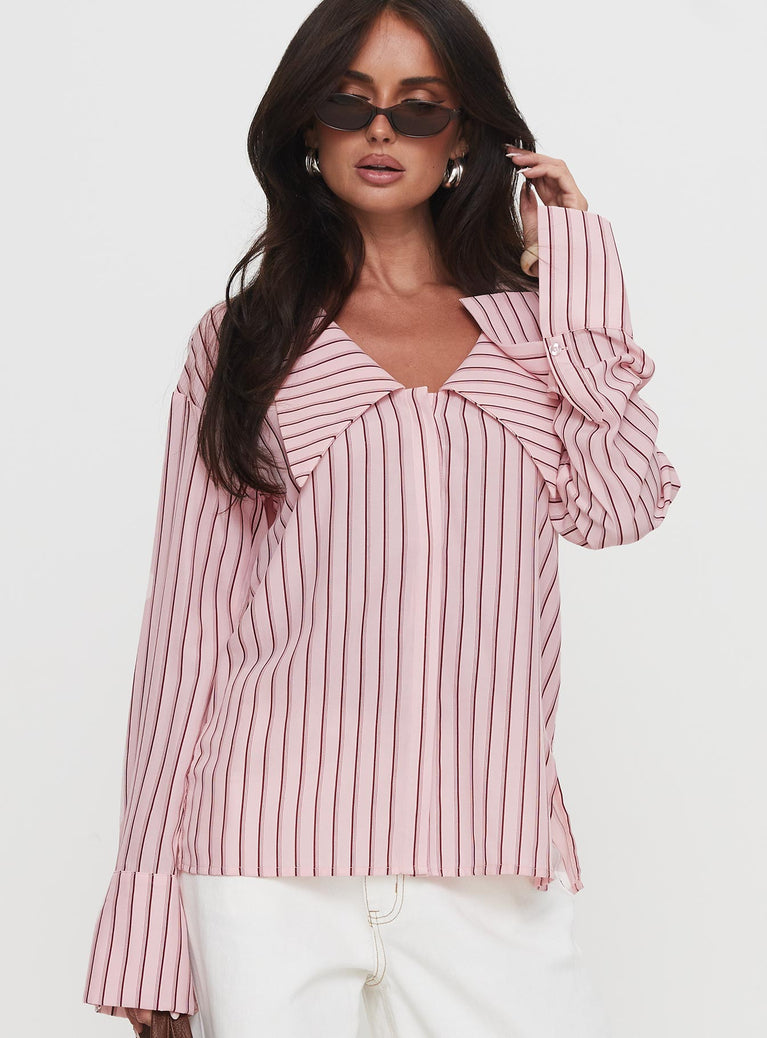 front view of model wearing Princess Polly Calistoga Deep Collar Shirt Pink Stripe Full Sleeves V-Neck 