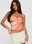 front view of model wearing Princess Polly Get Him Back Top Orange Floral Sleeveless Sweetheart 