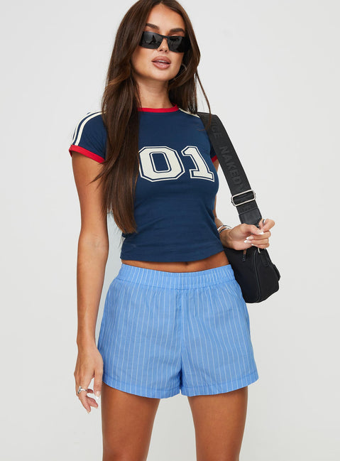 front view of model wearing Princess Polly Maxxy Boxer Shorts Blue Stripe High Waisted Shorts 