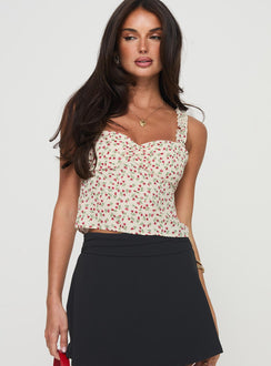 front view of model wearing Princess Polly Poppyseed Top Yellow / Floral Sleeveless Sweetheart 