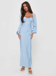 front view of model wearing Princess Polly Hazel Long Sleeve Maxi Dress Blue Sweetheart Neckline 