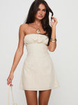 front view of model wearing Princess Polly Luvstruck Strapless Mini Dress Beige Tall Straight Neck 