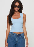 front view of model wearing Princess Polly Issues Top Blue Sleeveless Square Neck 