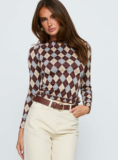 Shonna Boat Neck Long Sleeve Top Argyle