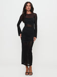 side view of model wearing Princess Polly Meira Sheer Maxi Dress Black Crew Neck 