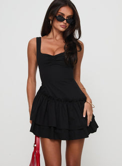 front view of model wearing Princess Polly Shantelle Romper Black Asymmetric Neckline 