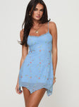 Mini dress Mesh material, embroidered print, adjustable shoulder straps, lace trim at bust Fully lined, good stretch