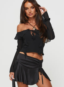 front view of model wearing Princess Polly Molins Off The Shoulder Top Black Full Sleeves straight 