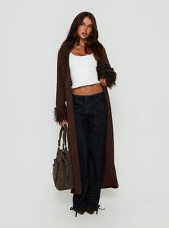 Marriah Longline Cardigan mit Webpelzbesatz Schoko
