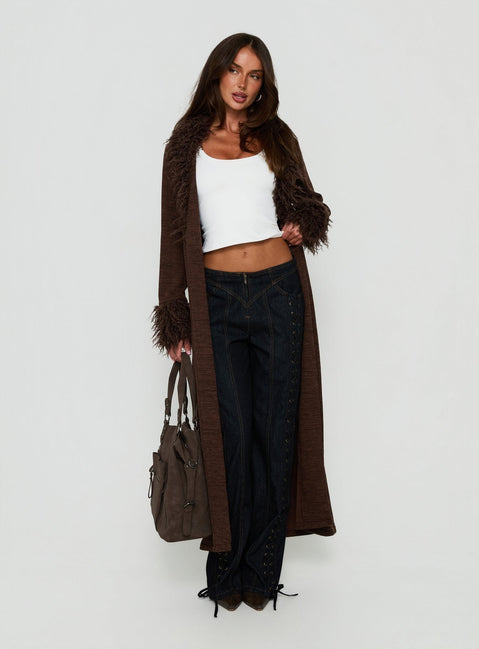 Marriah Longline Cardigan mit Webpelzbesatz Schoko