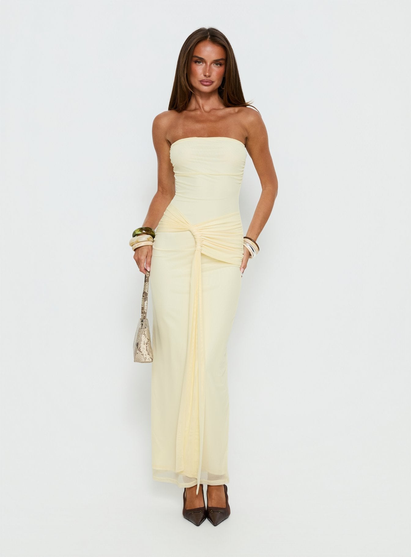 Senora Strapless Drape Maxi Dress Lemon | Princess Polly