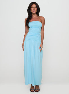 back view of model wearing Princess Polly Glorie Strapless Maxi Dress Light Blue Petite Straight Neck 