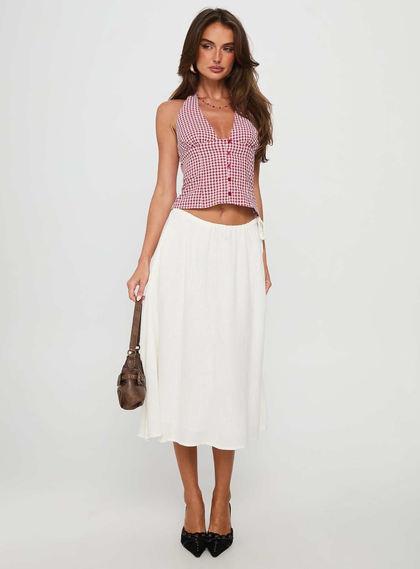   front view of model wearing Princess Polly Persuasion Tie Side Midi Skirt White Midi Skirts 
