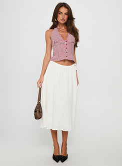   front view of model wearing Princess Polly Persuasion Tie Side Midi Skirt White Midi Skirts 