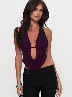 front view of model wearing Princess Polly Love Away Halter Scoop Neck Top Purple Sleeveless Plunger 