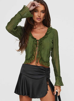 front view of model wearing Princess Polly Kareela Long Sleeve Top Green Full Sleeves V-Neck 