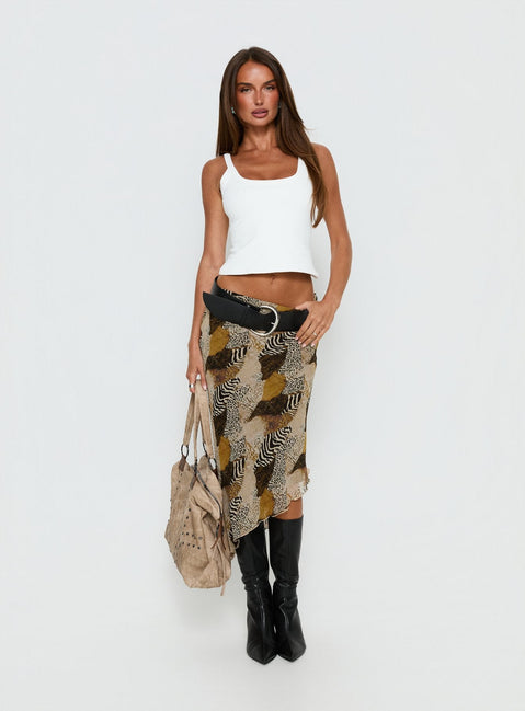   front view of model wearing Princess Polly Suella Asymmetrical Midi Skirt Animal Multi Midi Skirts 